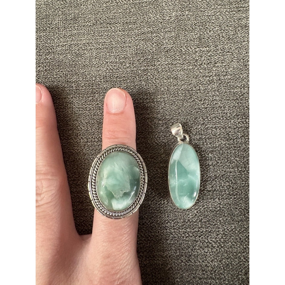 Oval Larimar Ring, Size 7, Sterling Silver, Fancy Bezel Set Ring And Pendant 18g